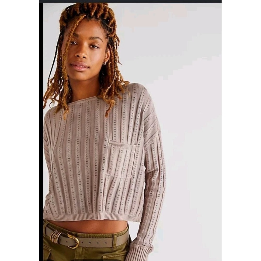 Free People Pointelle Knit Cropped Sweater Taupe Mauve Oversized Pocket Boho S